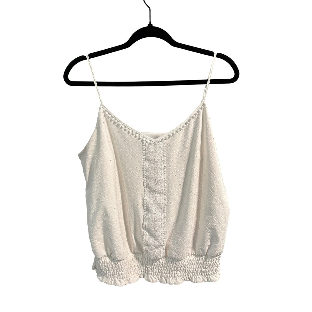 White House Black Market Ivory Camisole Lace Pom Pom Smocked Medium